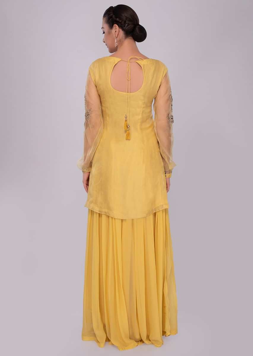 Pine yellow organza suit with georgette palazzo and midnight blue dupatta 