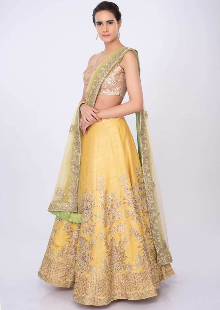 Pine yellow raw silk lehenga set in floral embroidered jaal work only on kalki