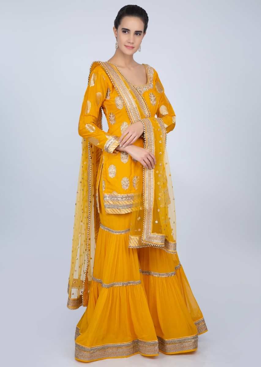 Pine yellow  sharara suit set with golden embroidery  only on kalki