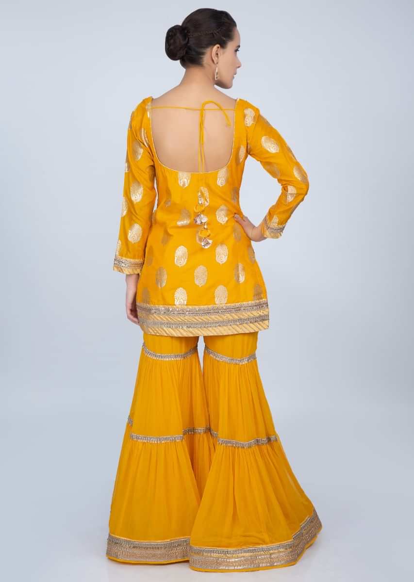 Pine yellow  sharara suit set with golden embroidery  only on kalki