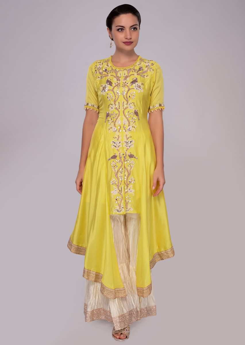 Pine yellow suit in front panel embroidery with off white sharara