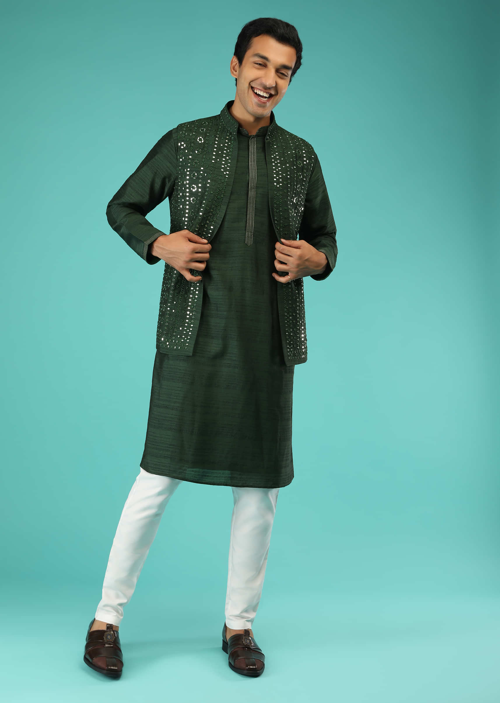 Pine Green Nehru Jacket And Kurta Set In Tussar Silk With Resham And Mirror Abla Embroidered Geometric Design