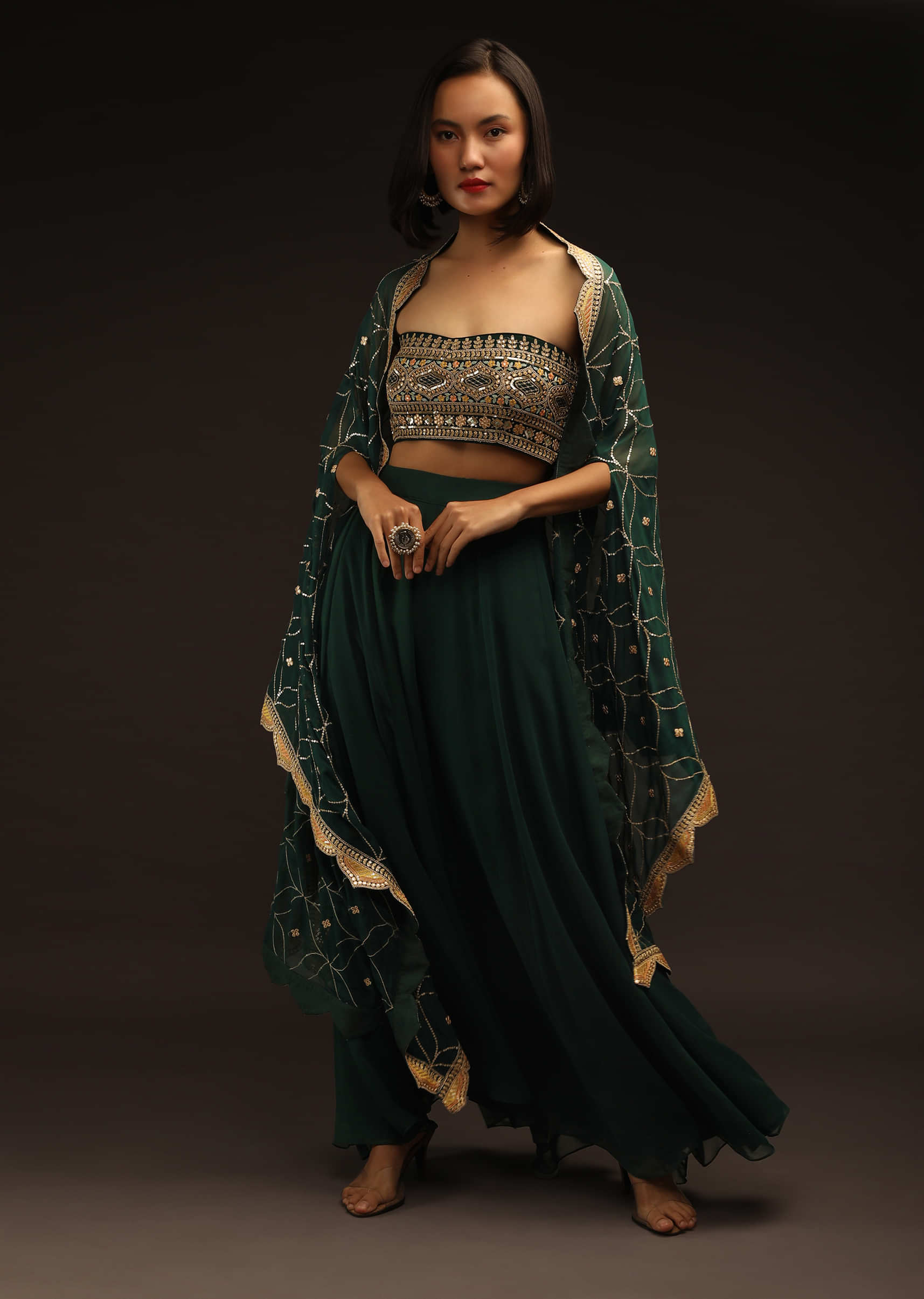 Buy Pine Green Palazzo Suit With Heavily Embroidered Bandeau And Jacket