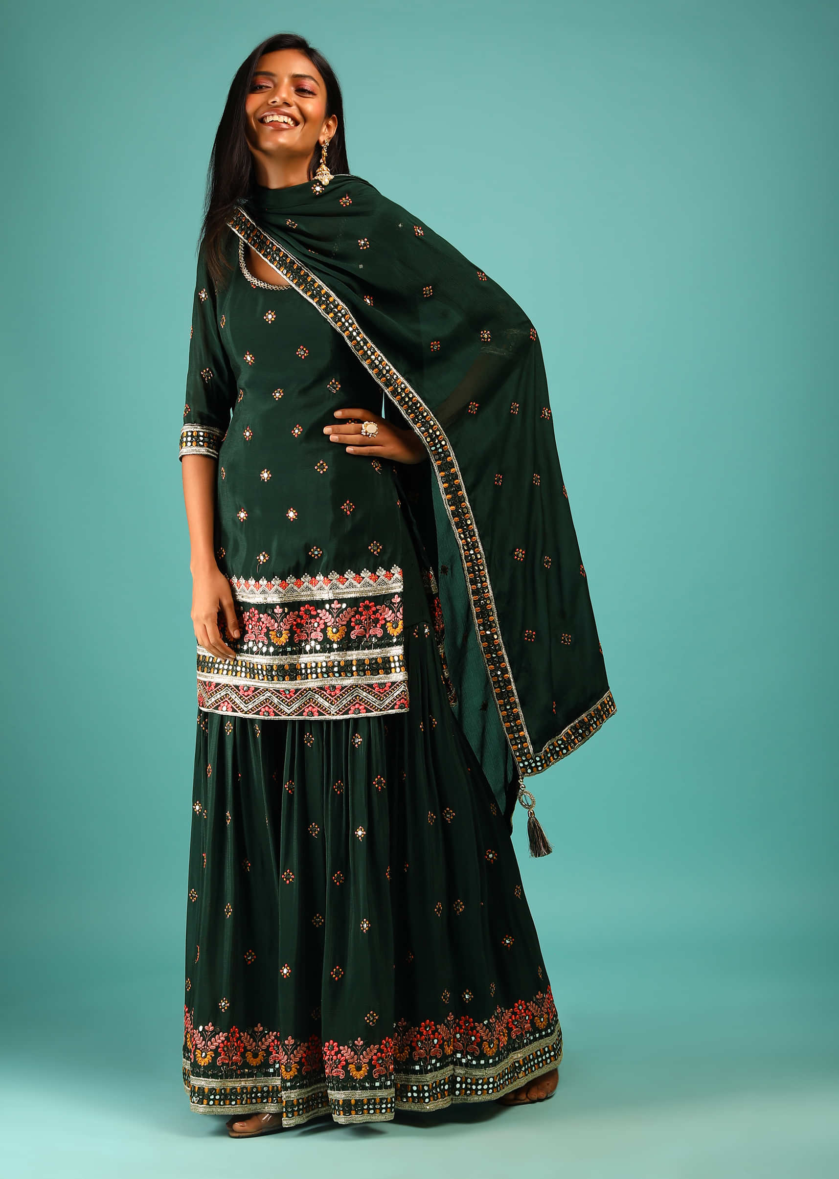 Pine Green Sharara Suit With Three Quarter Sleeves And Multi Colored Resham And Abla Embroidery