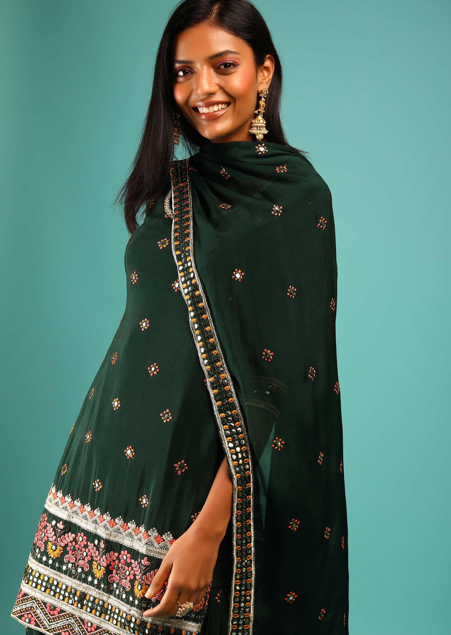 Pine Green Sharara Suit With Three Quarter Sleeves And Multi Colored Resham And Abla Embroidery
