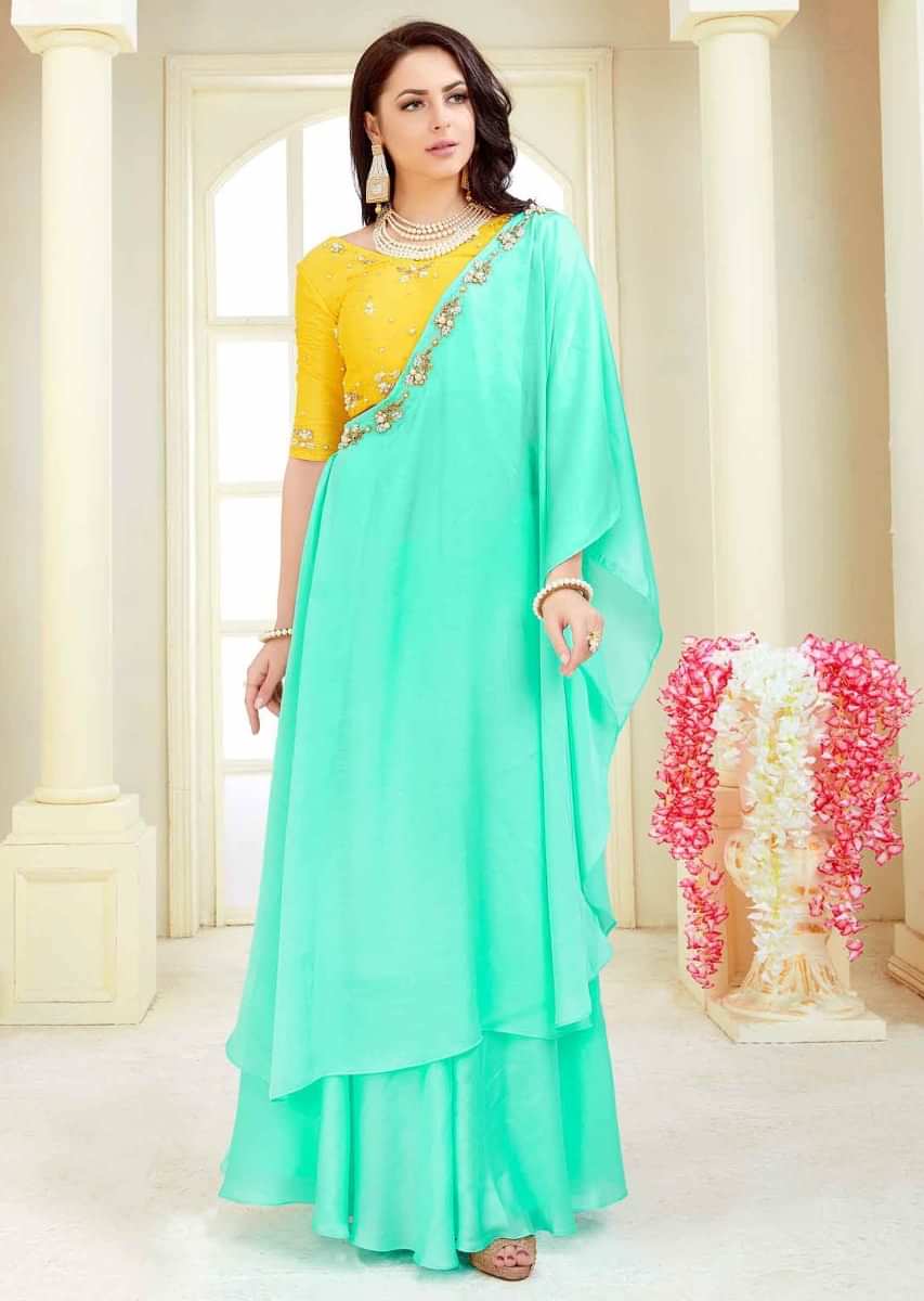 Pineapple Yellow Blouse In Cotton Silk With Mint Green Crepe Skirt With Prestitched Dupatta Online - Kalki Fashion