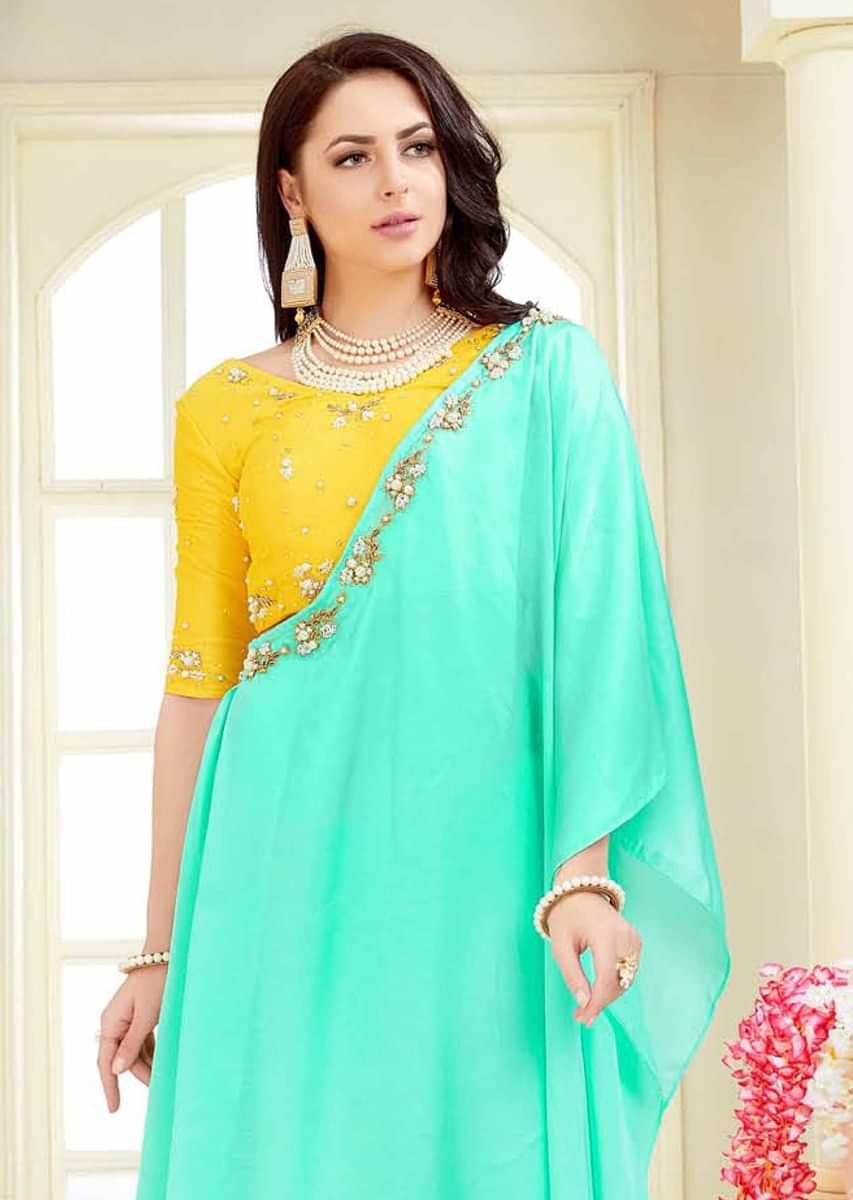 Pineapple Yellow Blouse In Cotton Silk With Mint Green Crepe Skirt With Prestitched Dupatta Online - Kalki Fashion