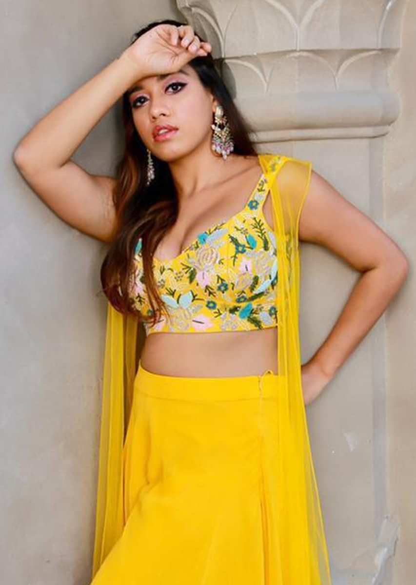 Pineapple Yellow Palazzo Suit With Embellished Crop Top And Jacket  