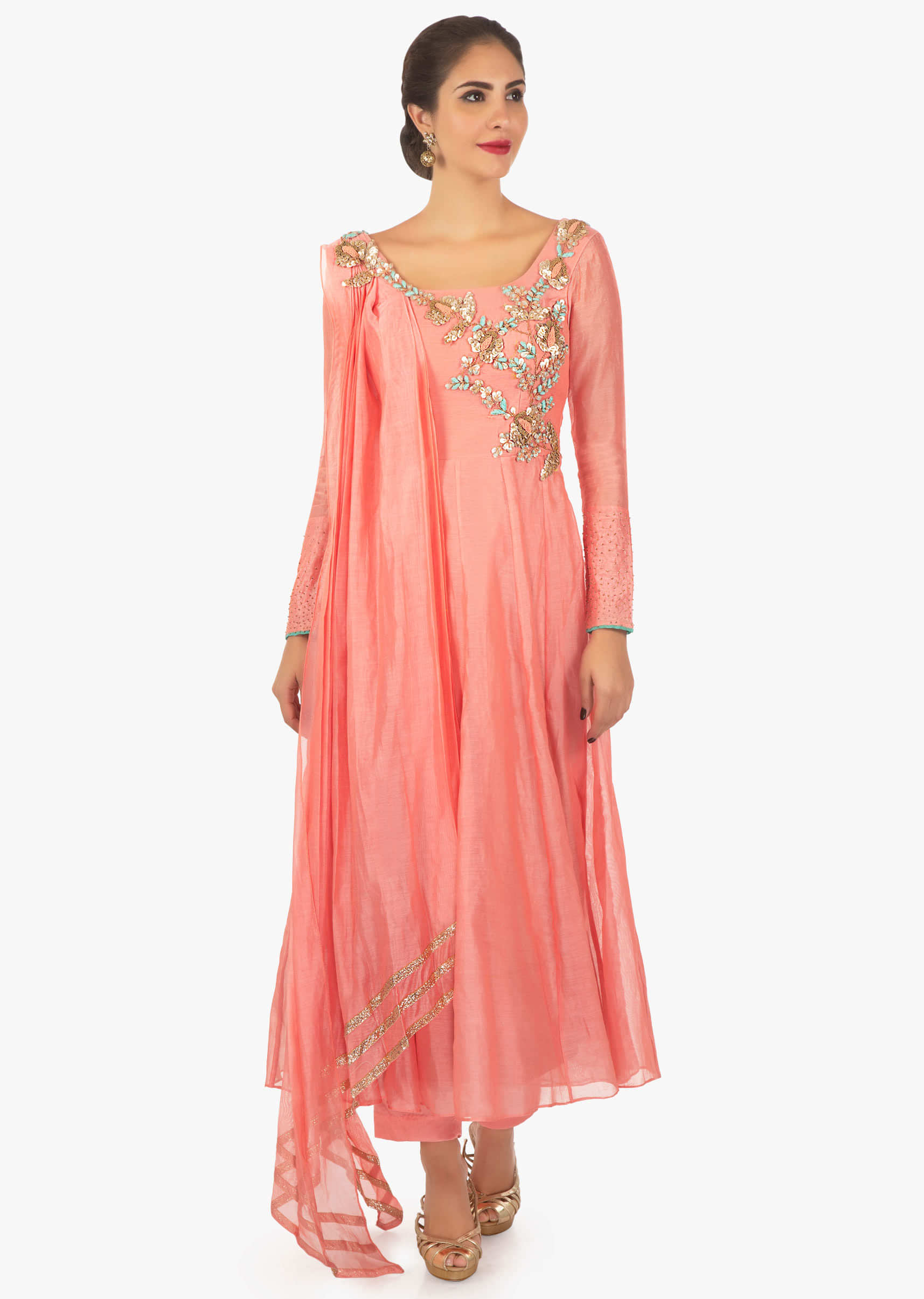 Pink anarkali dress with applique work and pre stitched pleated dupatta