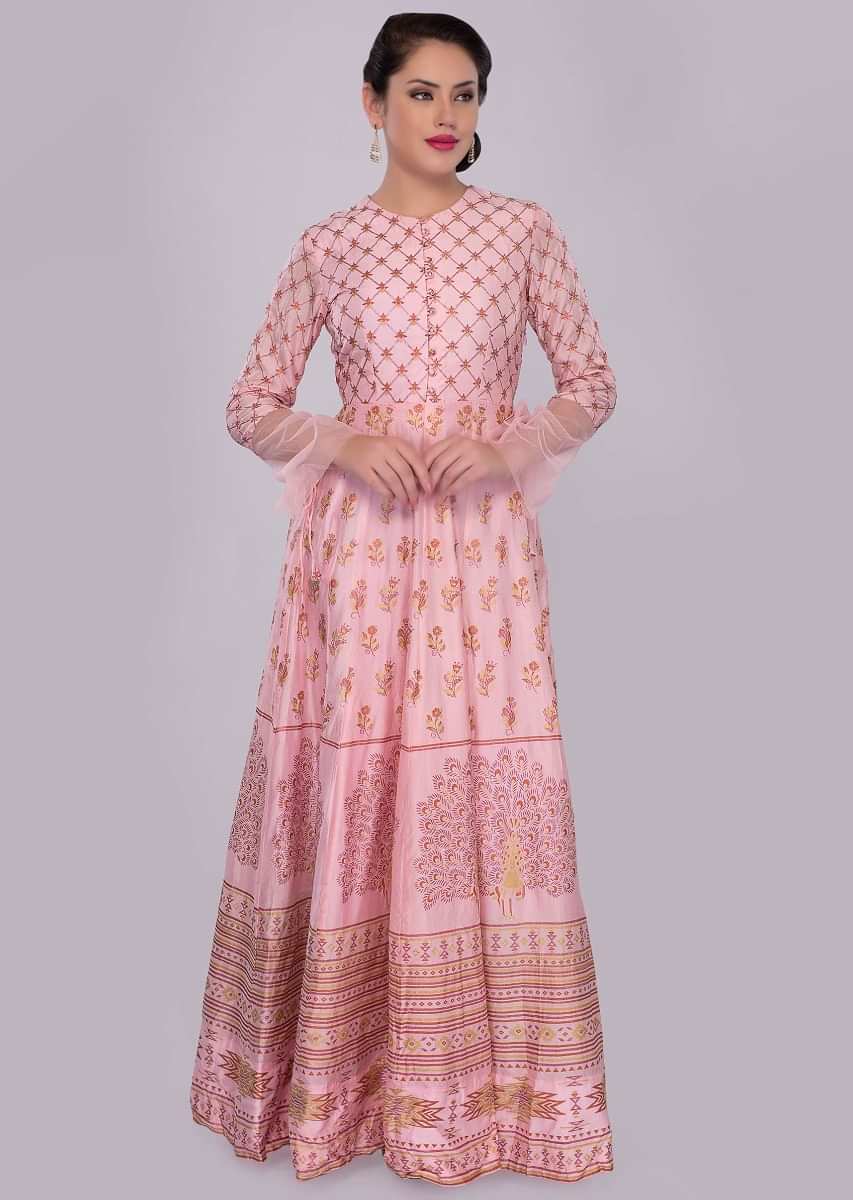 Pink anarkali silk dress in floral and peacock foil print 