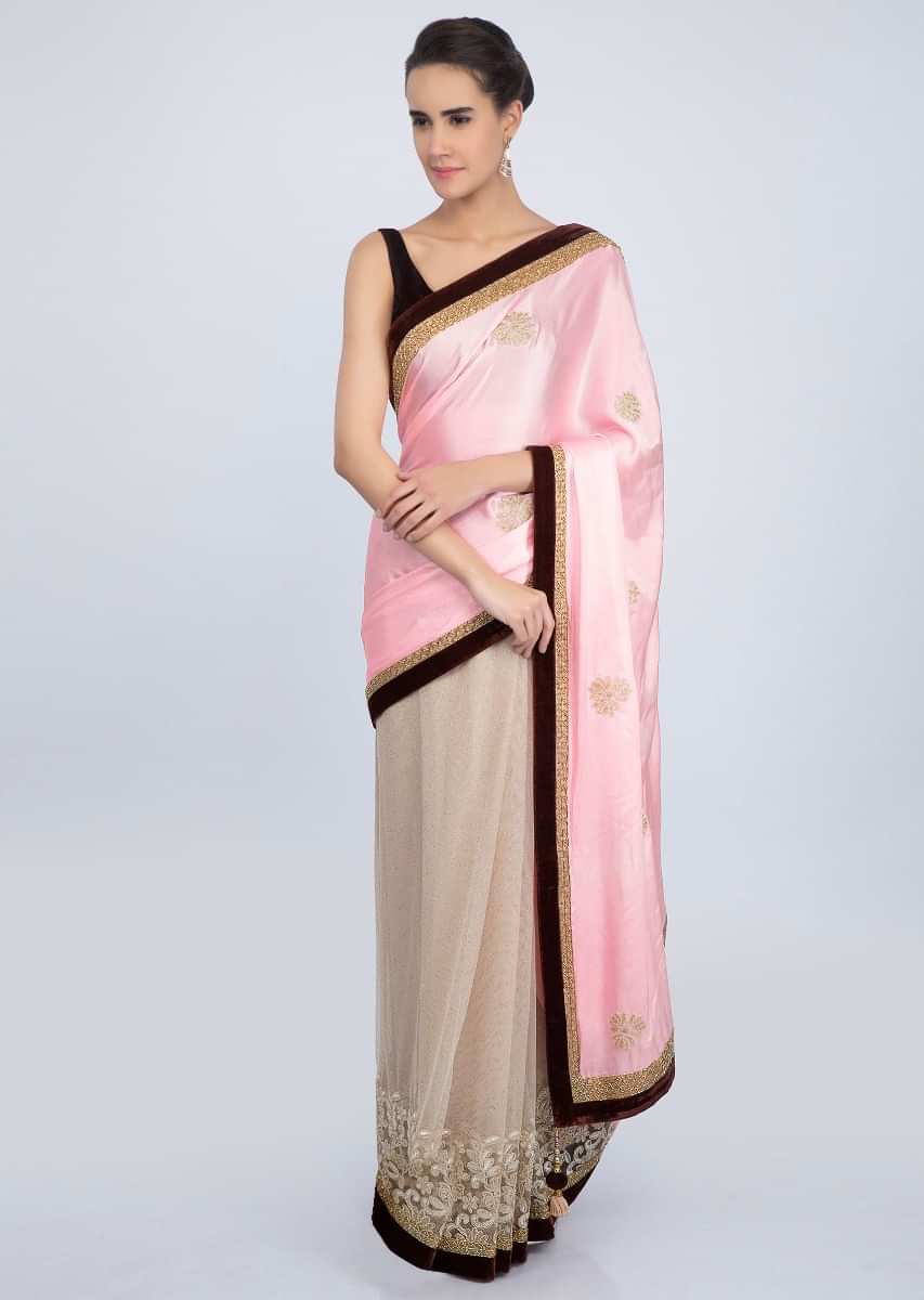 Pink and beige half and half saree featuring in satin and net only on Kalki