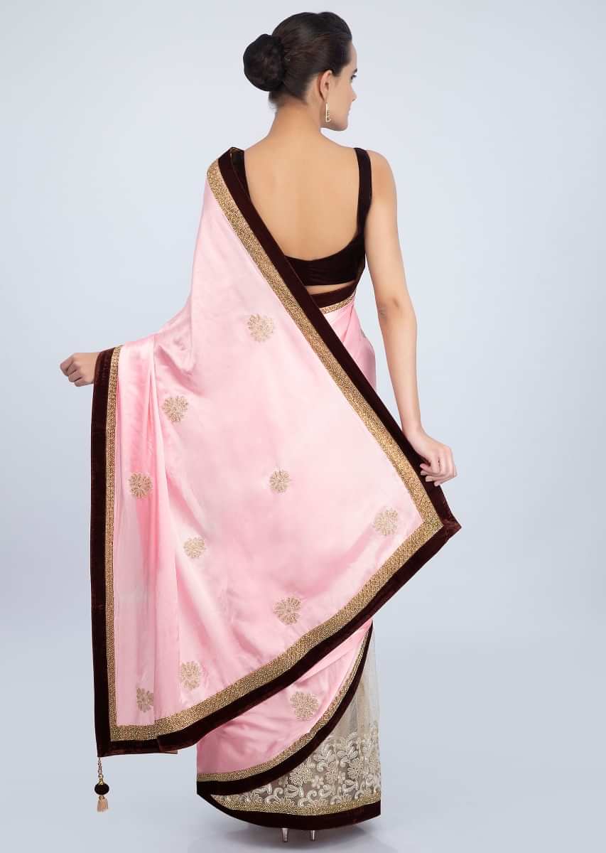 Pink and beige half and half saree featuring in satin and net only on Kalki