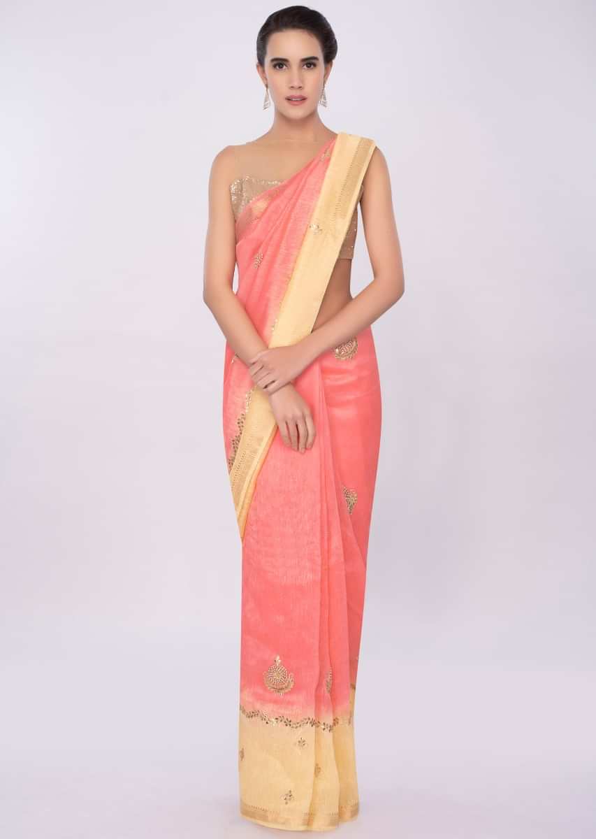 Pink and blonde yellow shaded linen saree in gotta embroidery only on Kalki