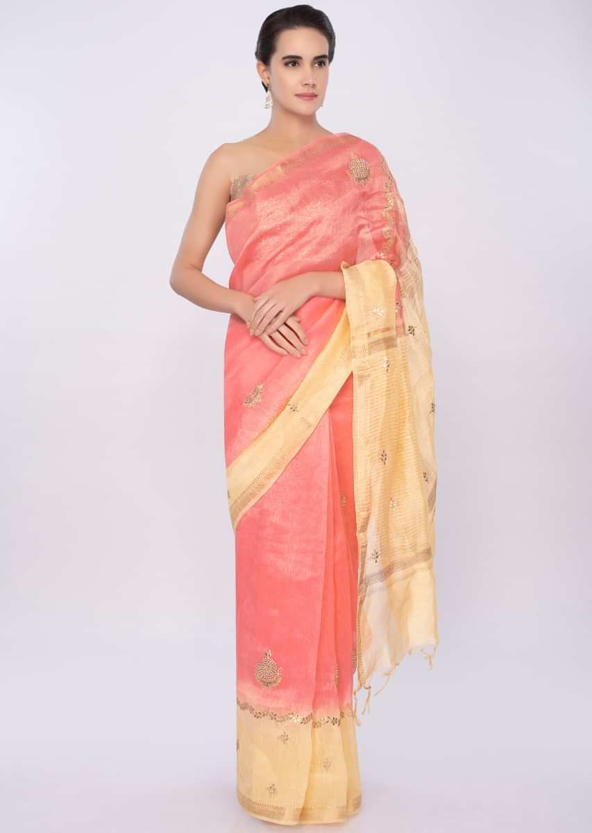 Pink and blonde yellow shaded linen saree in gotta embroidery only on Kalki