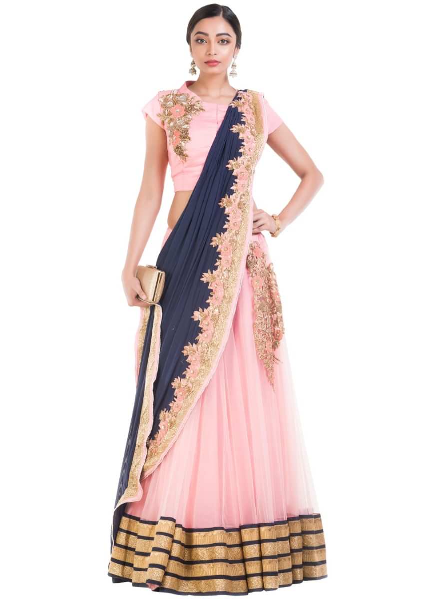 Pink And Blue Drape Lehenga With Attached Dupatta