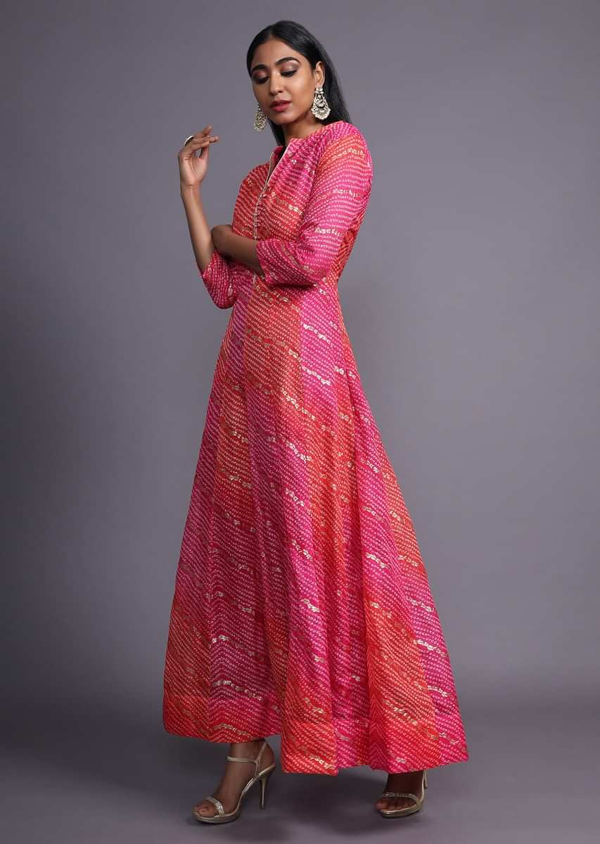 Pink And Coral Shaded Anarkali Dress With Bandhani And Foil Print In Chevron Pattern  