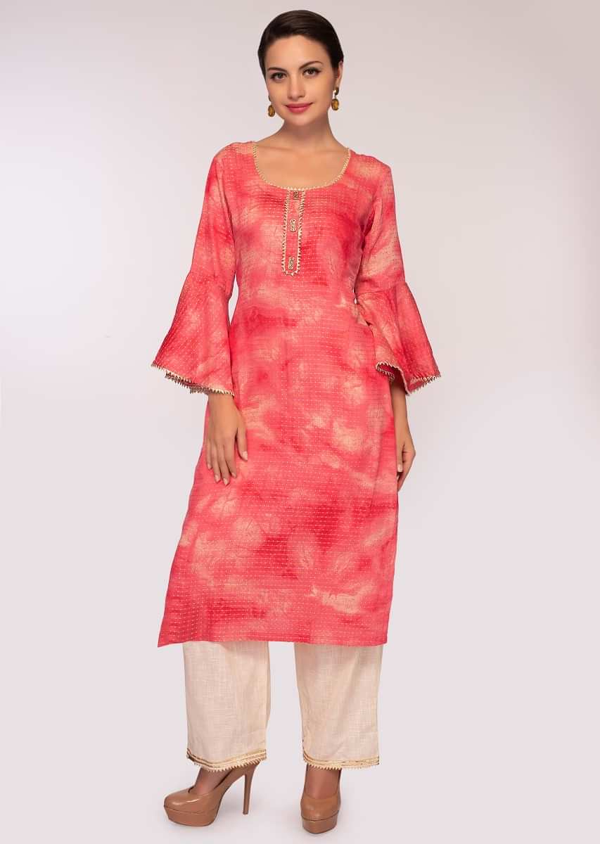 Pink and cream shade jacquard cotton suit with cream pants 
