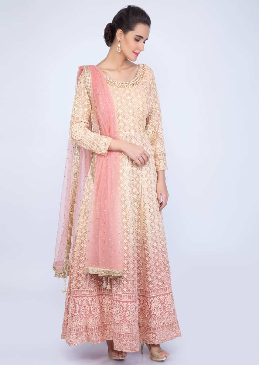 Pink and cream shaded lucknowi embroidery with jewel embroidered neckline only on kalki