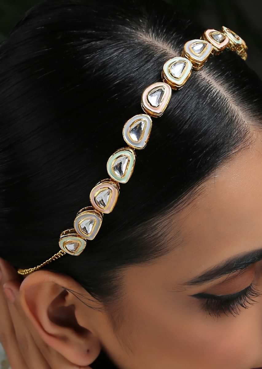 Pink And Gold Headband With Kundan Work In A Semicircular Timeless Classic Design By Paisley Pop