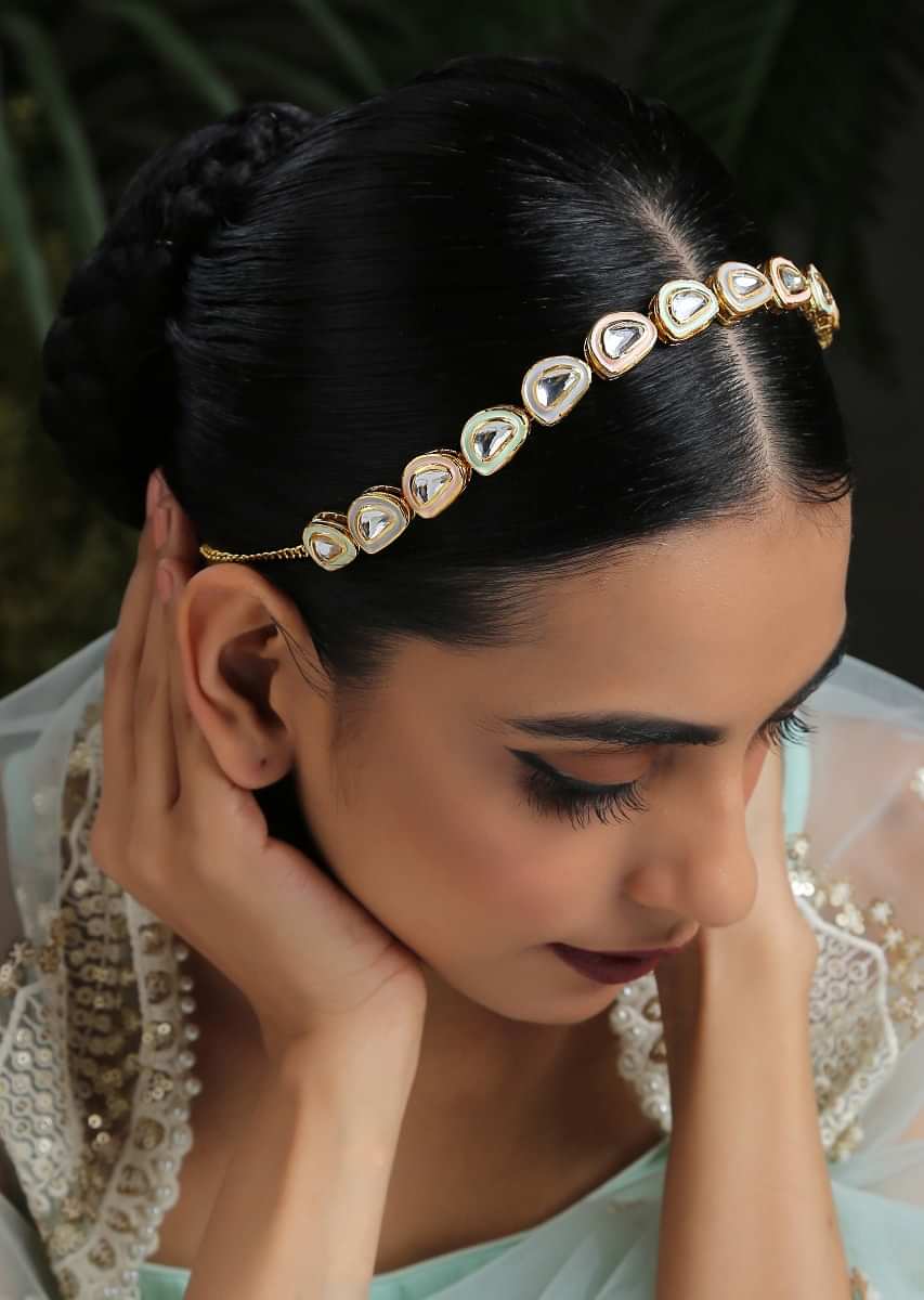 Pink And Gold Headband With Kundan Work In A Semicircular Timeless Classic Design By Paisley Pop
