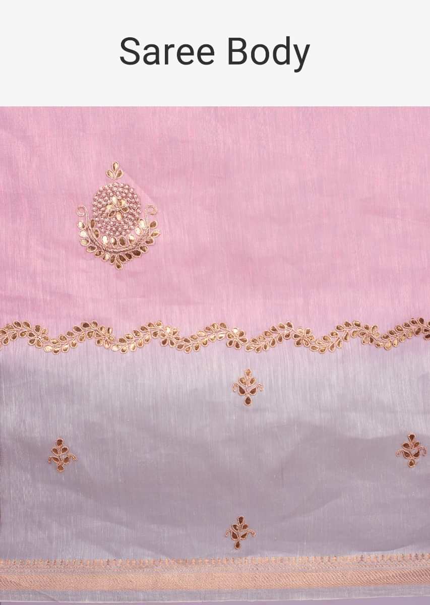 Pink And Green Saree In Shaded Linen With Gotta Embroidery Online - Kalki Fashion