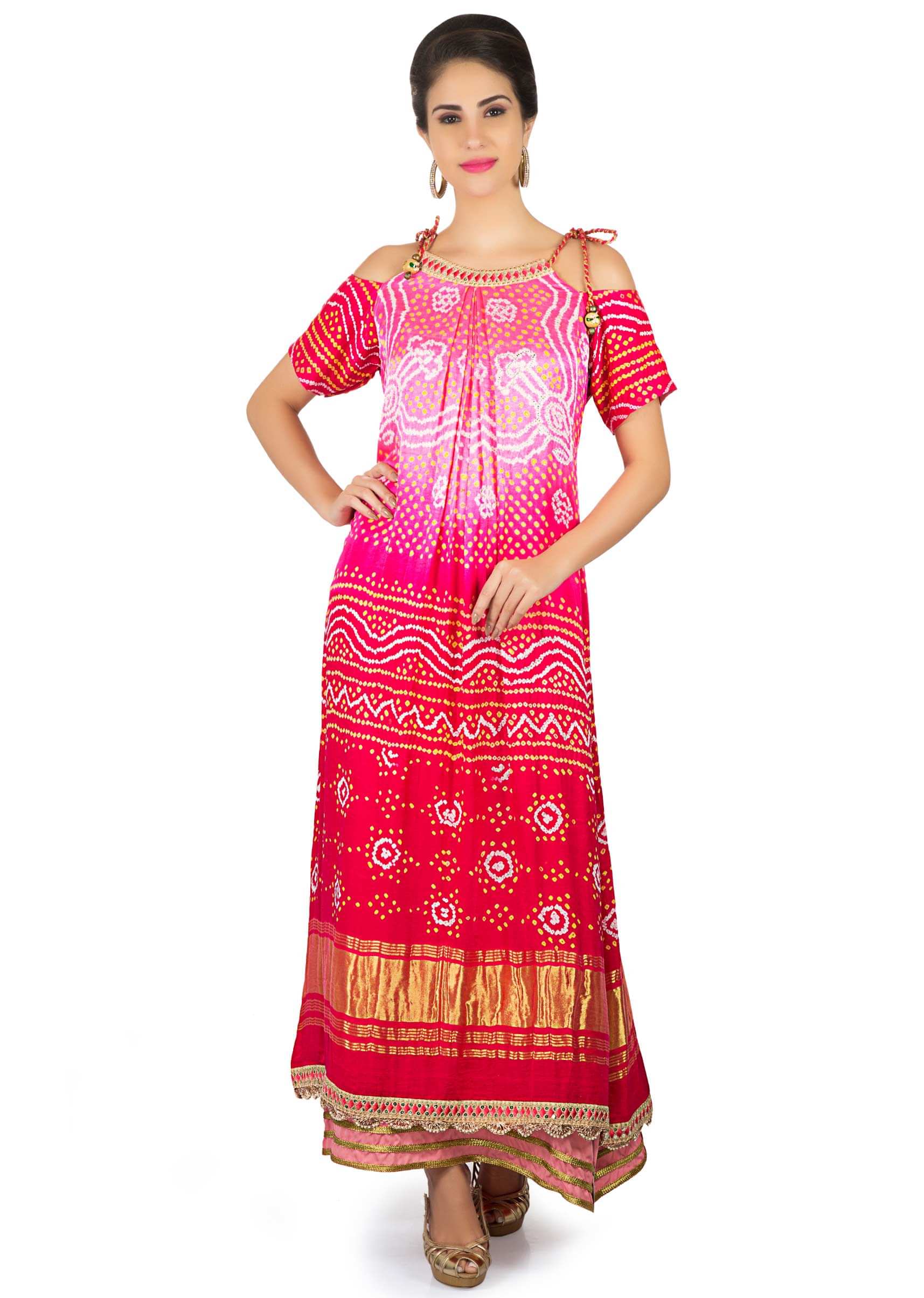 Pink and red bandhani printed dress with cold shoulder only on Kalki