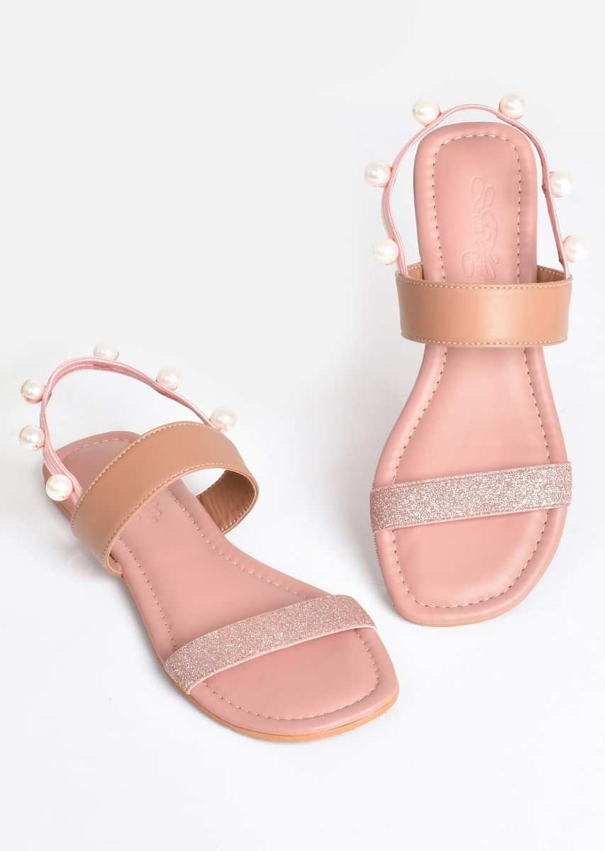 Pink And Rose Gold Ankle Strap Flats With Glitter And Pearls By Sole House