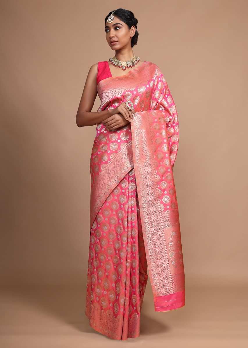 Pink art handloom Saree In Silk With Weaved Floral Buttis