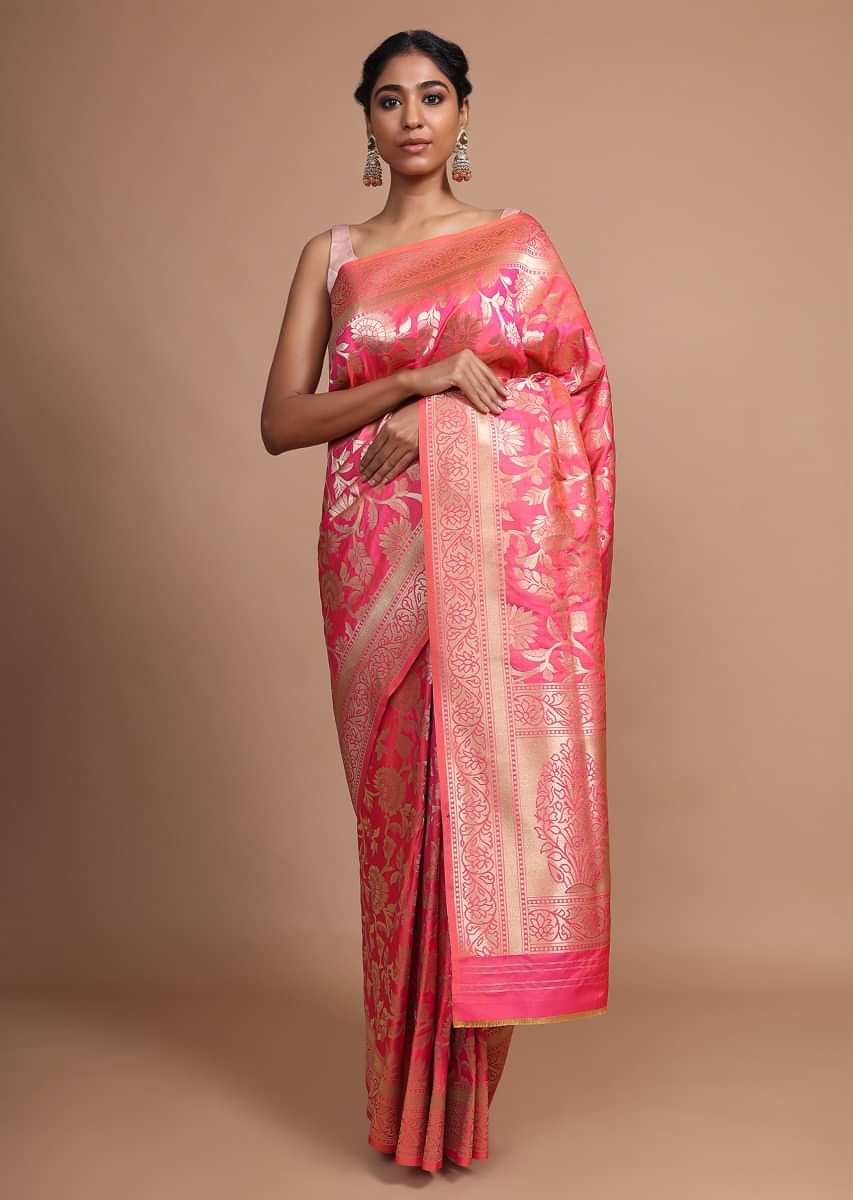 Pink art handloom Saree In Silk With Weaved Floral Jaal