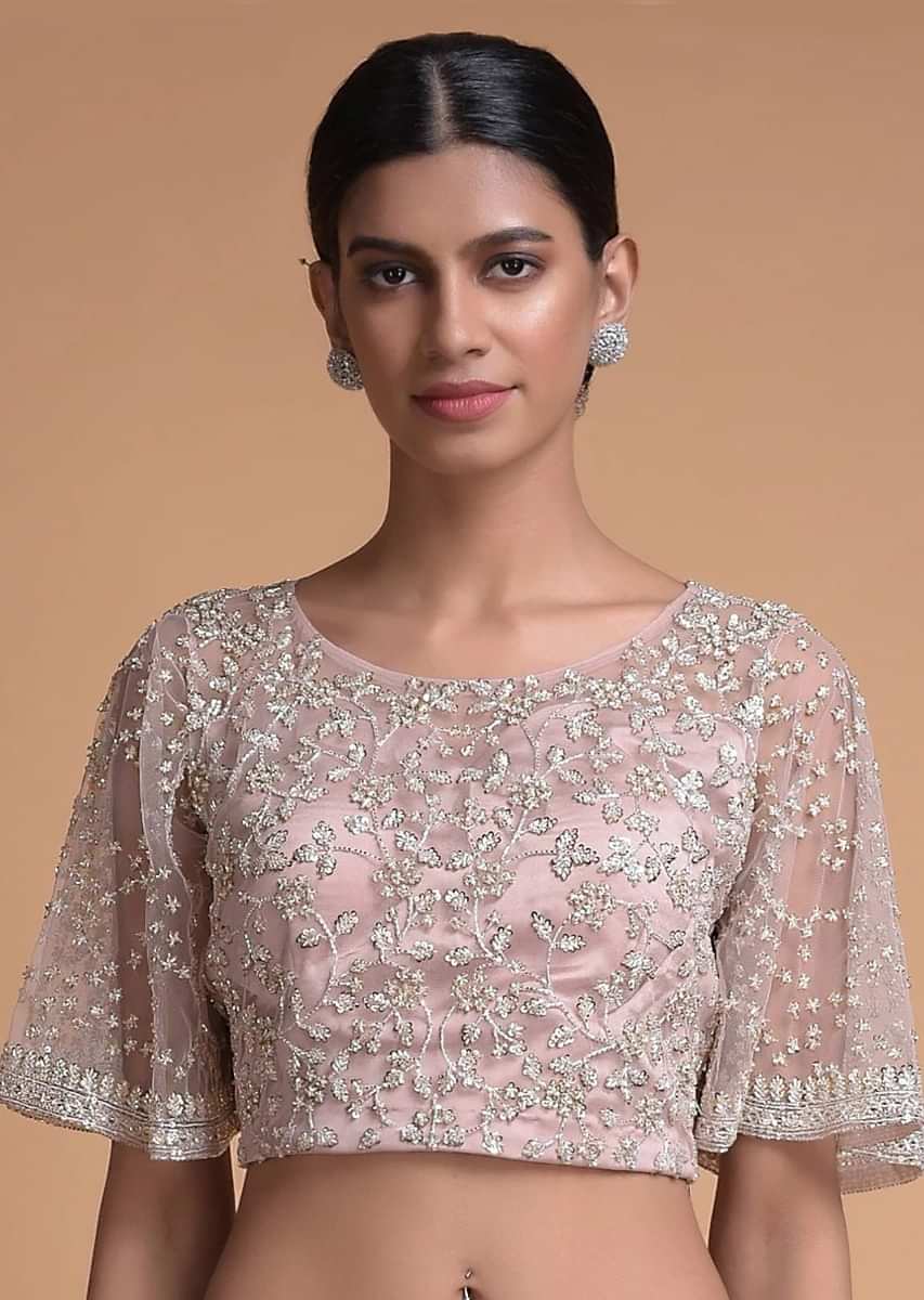 Pink Blouse In Net With Sequins And Cut Dana Embellished Floral Jaal Embroidery