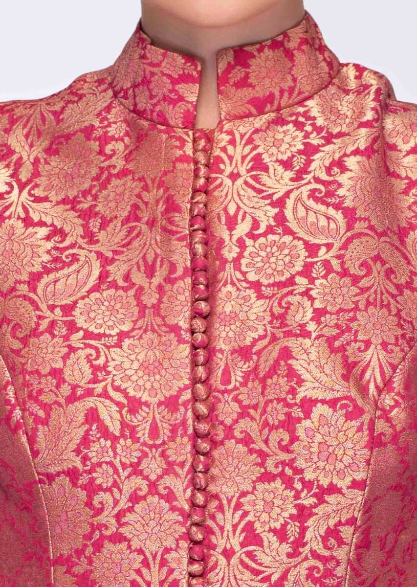 Pink Brocade Anarkali Dress Paired With Grey Silk Dupatta In Weaved Butti Online - Kalki Fashion
