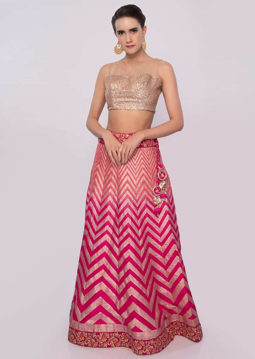 Pink Brocade Lehenga Set Online - Kalki Fashion