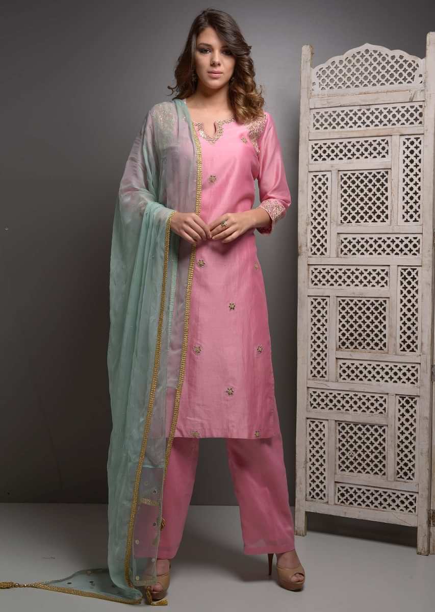 Pink chanderi suit set in gotta patch embroidery and butti