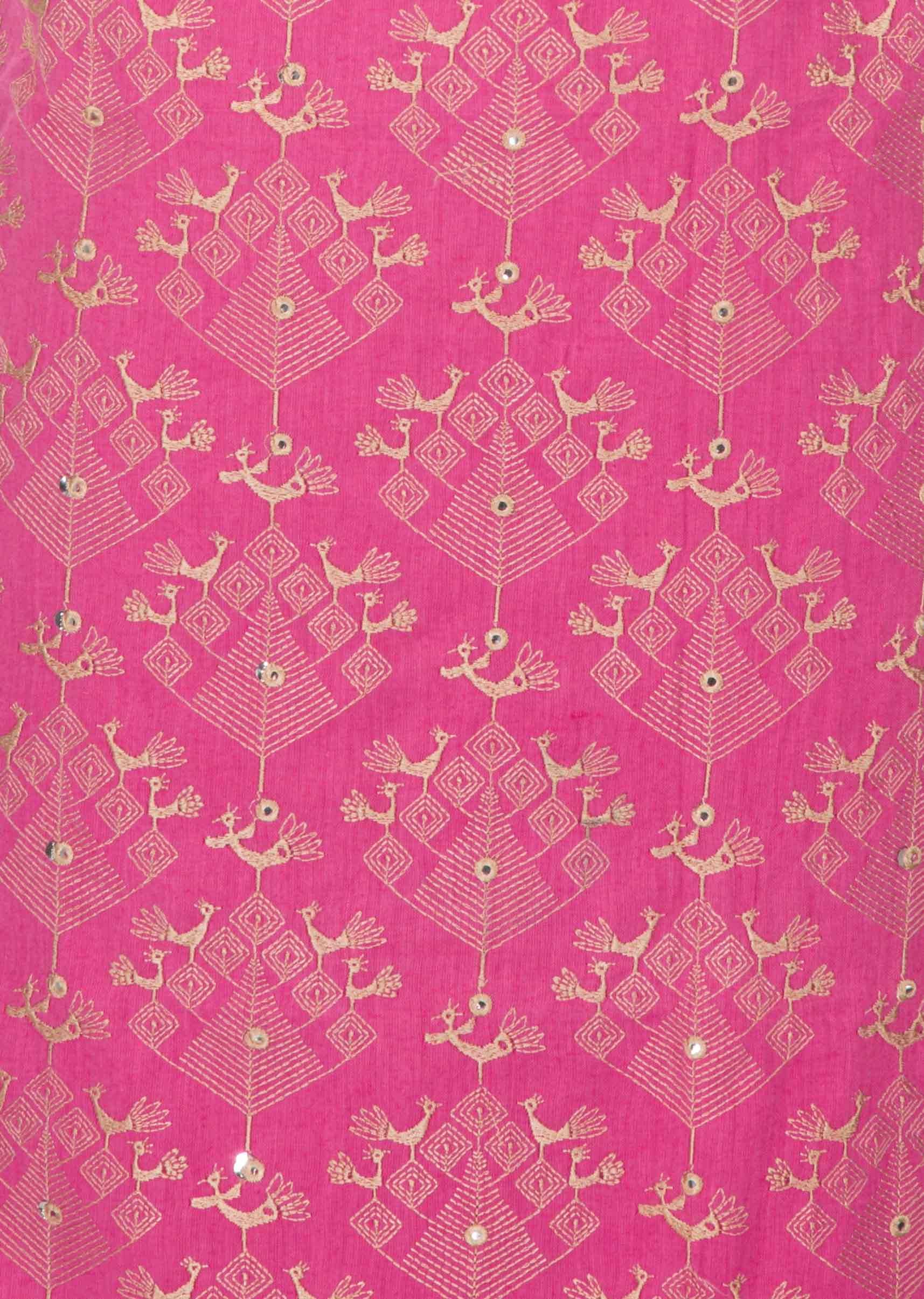 Pink cotton unstitched suit adorn with  thread work all over only on Kalki