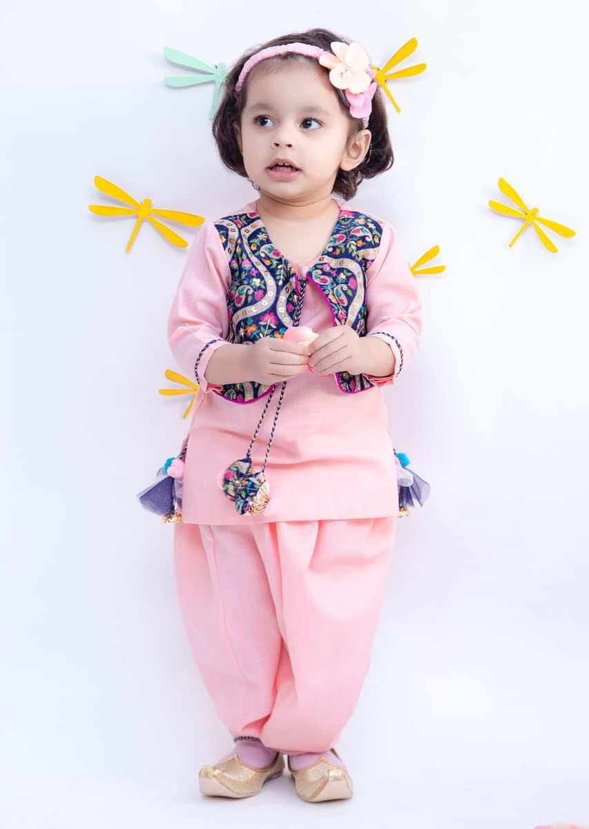 Kalki Girls Pink Dhoti Suit In Cotton With Contrasting Velvet Jacket Featuring Intricate Embroidery Details  By Fayon Kids