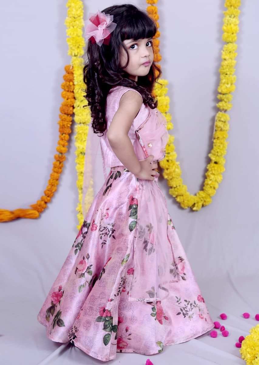 Pink Lehenga With Floral Print And Attach Dupatta Online - Kalki Fashion
