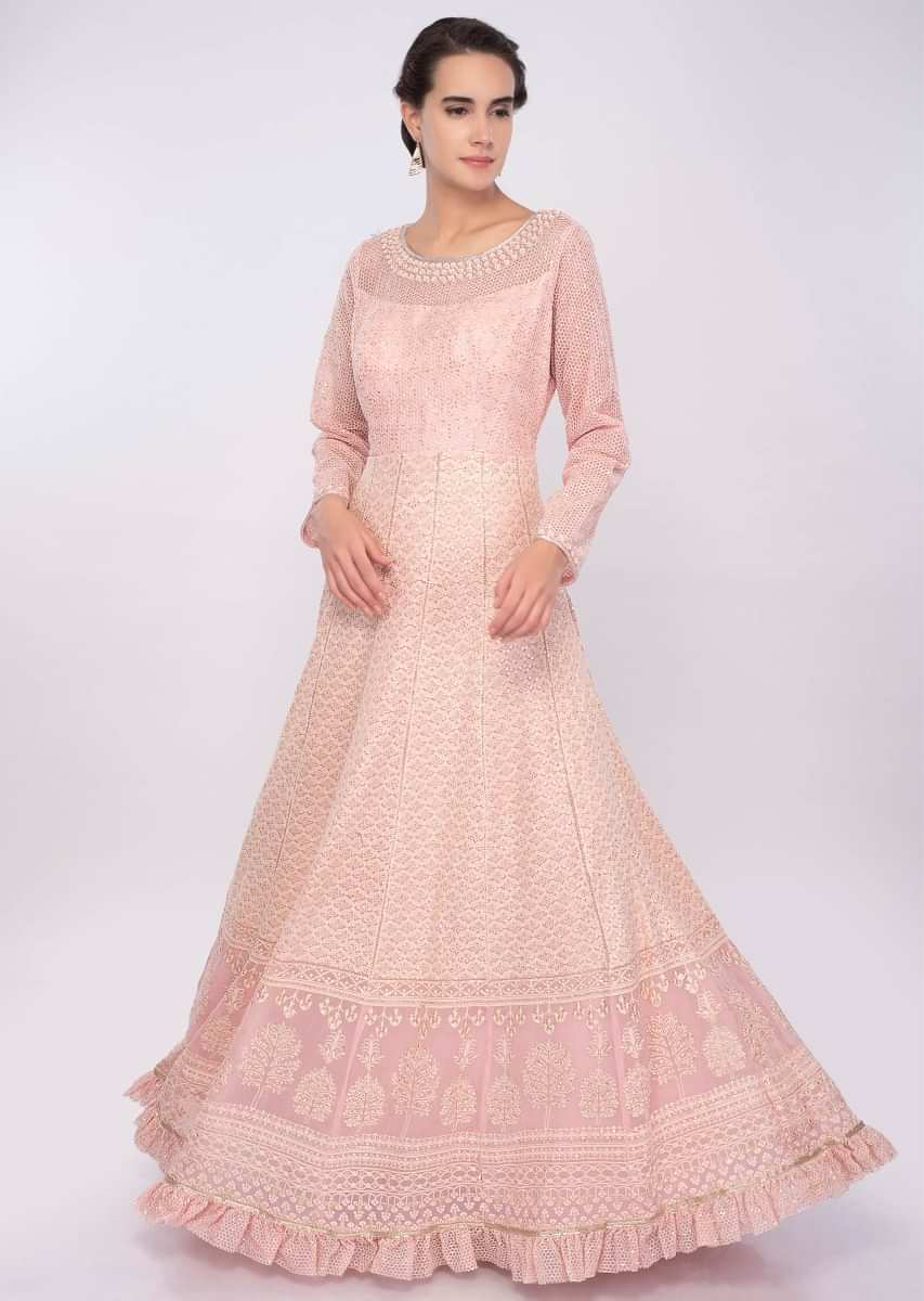 Pink Anarkali Dress In Georgette With Thread And Zari Embroidery Online - Kalki Fashion