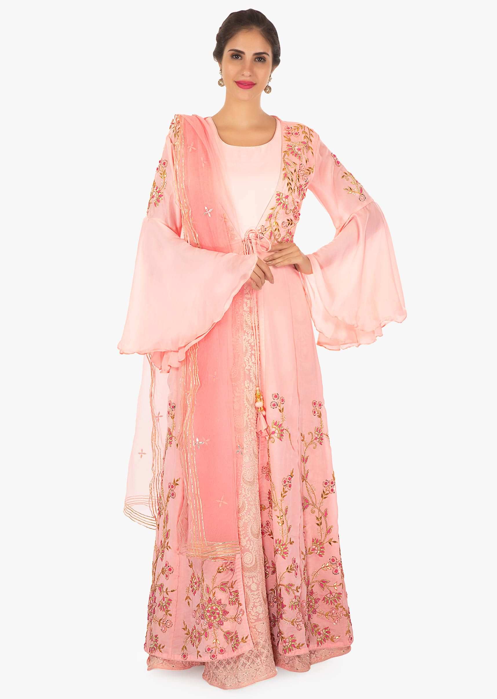 Pink Anarkali In Georgette With Thread Work Paired With A Jacket Online - Kalki Fashion