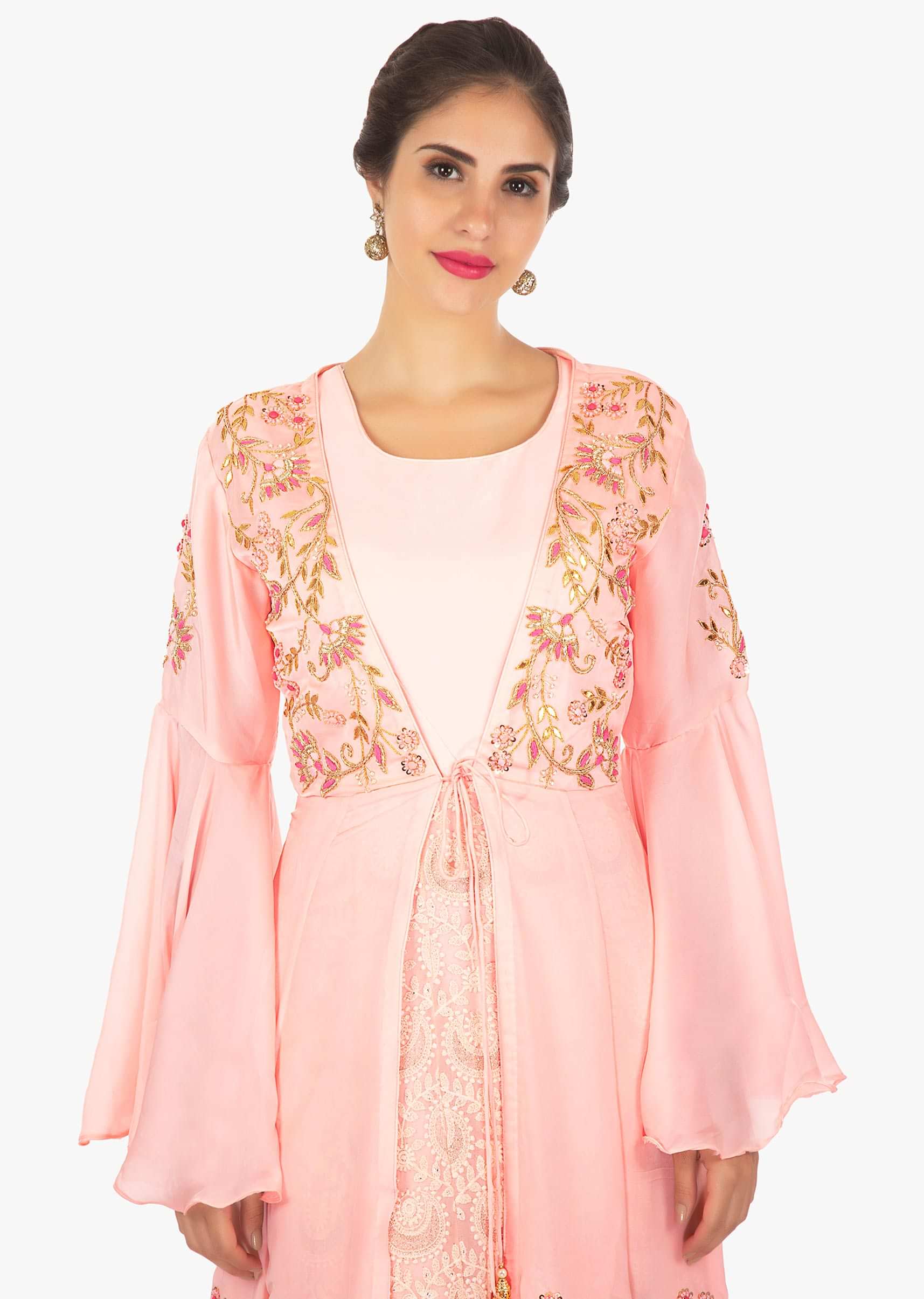 Pink Anarkali In Georgette With Thread Work Paired With A Jacket Online - Kalki Fashion