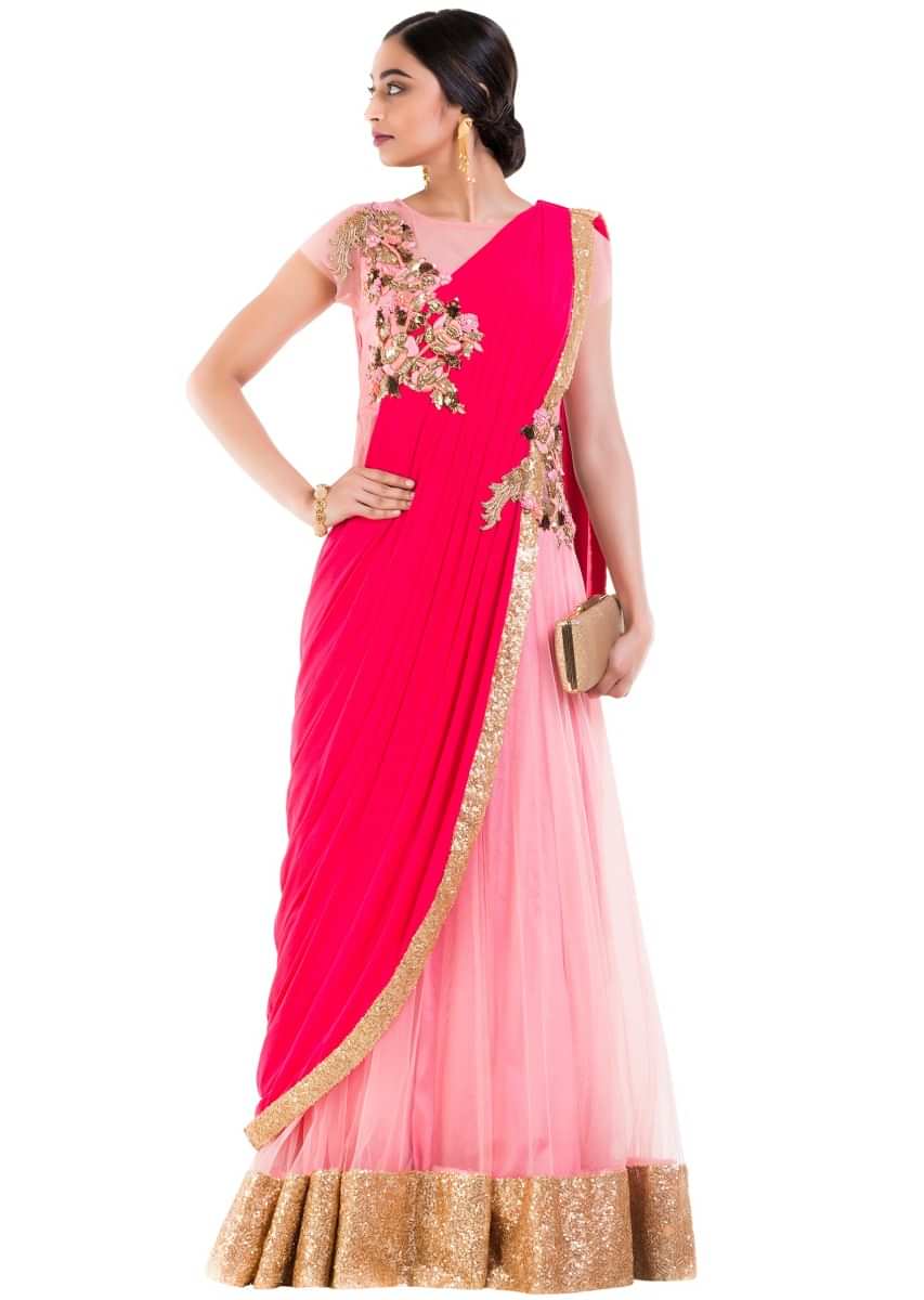 Peach Embroidered Gown Saree Design by Rishi  Vibhuti at Pernias Pop Up  Shop 2023