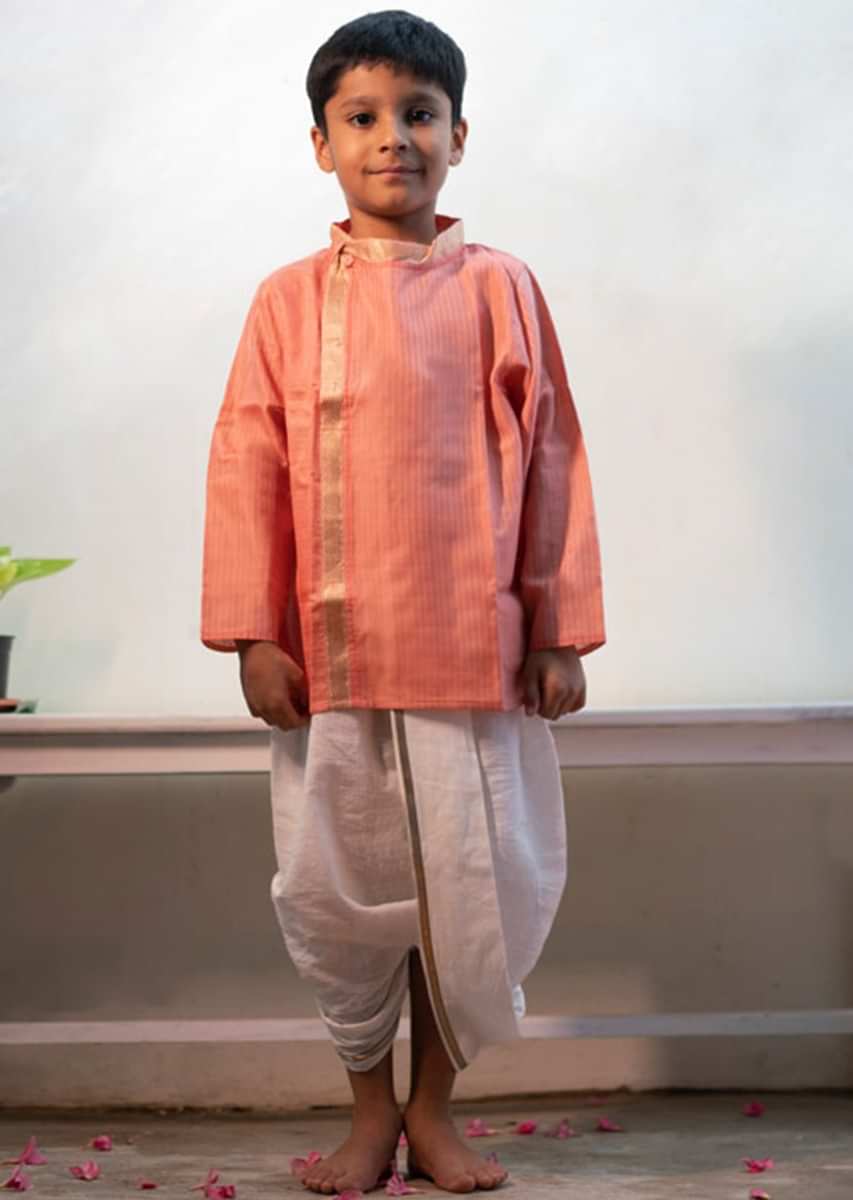 Buy Pink Kurta In Hand-woven Cotton Silk With Zari Enhanced