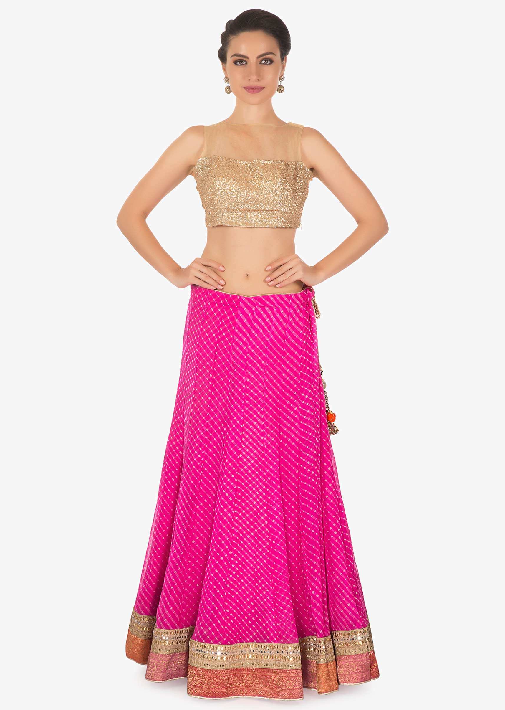 Pink leherie georgette lehenga matched with shaded brocade dupatta 