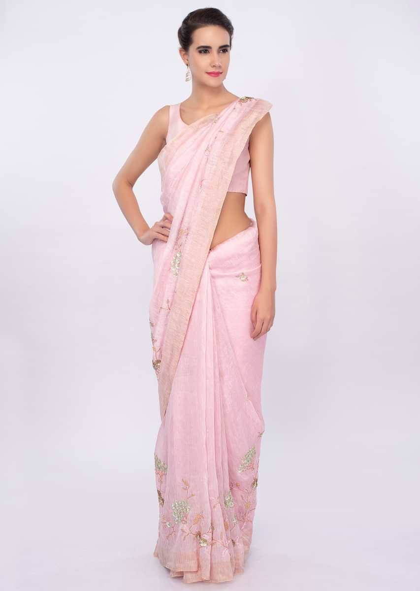 Pink linen saree with self thread , sequins and cut dana embroidery only on Kalki