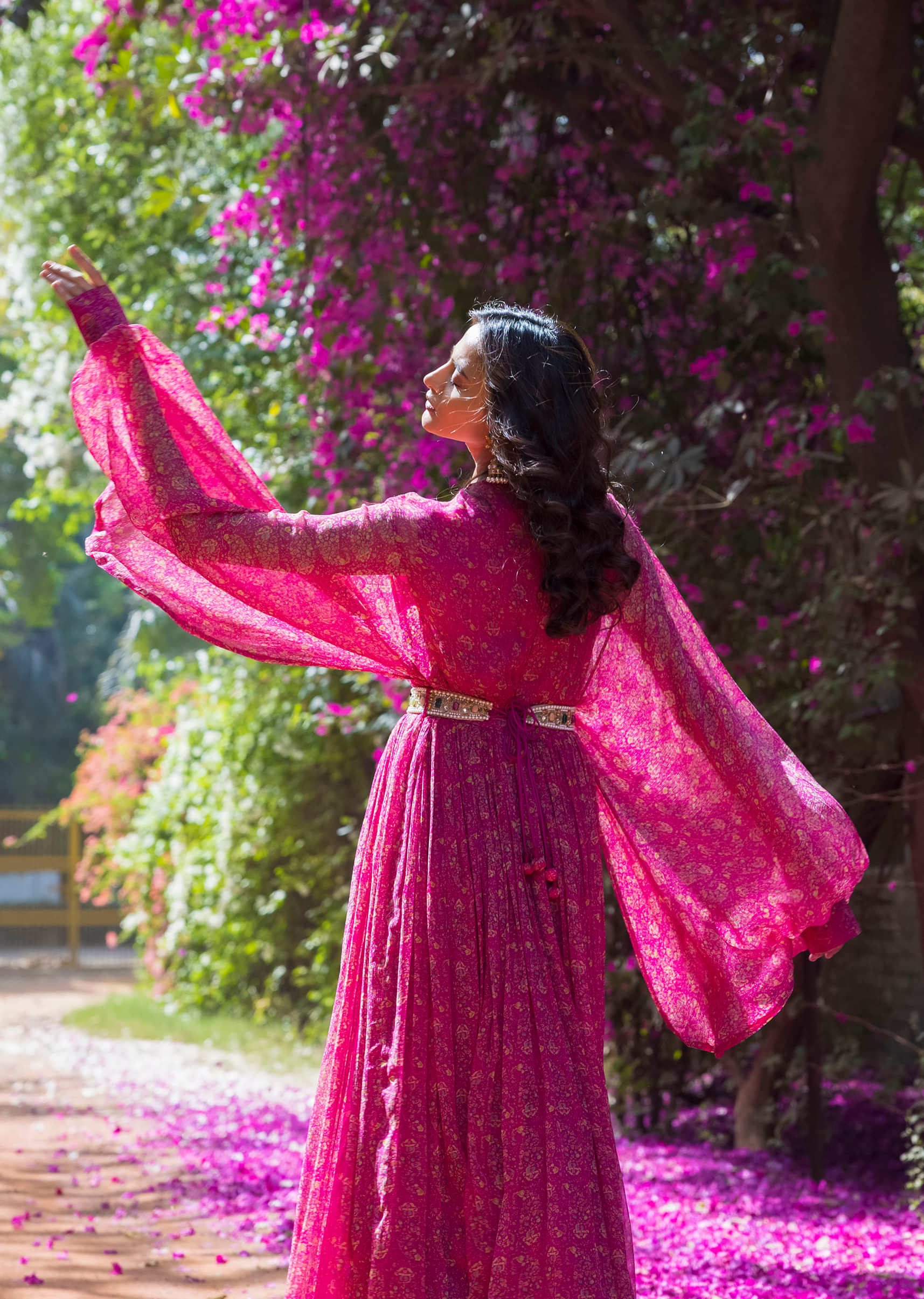 Pink Maxi Dress In Georgette With Bandhani Print And Bishop Sleeves  