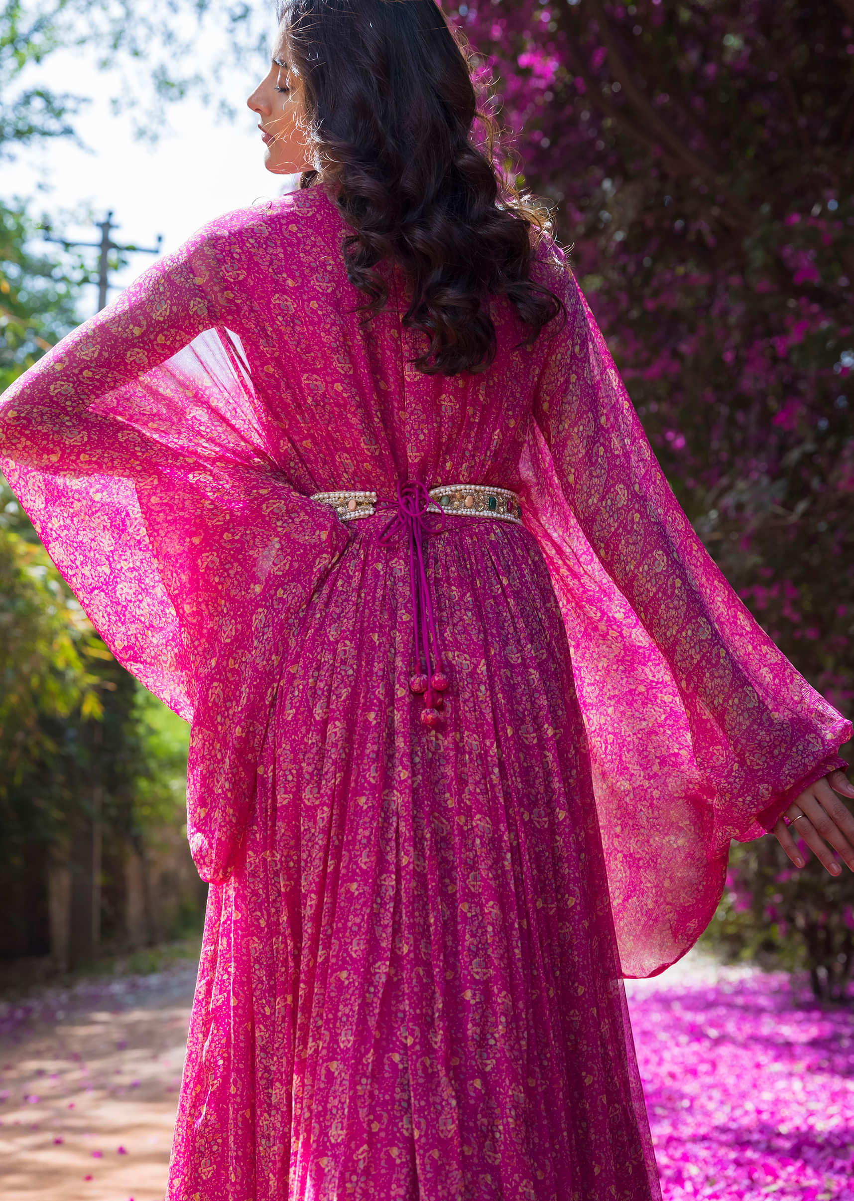 Pink Maxi Dress In Georgette With Bandhani Print And Bishop Sleeves  