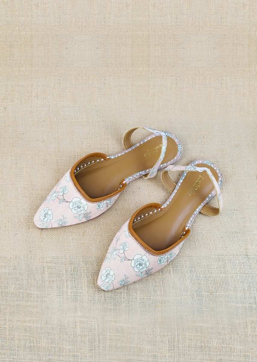 Pink Mules With Back Strap Adorned In Floral Print And Rose Gold Braided Zari By Vareli Bafna