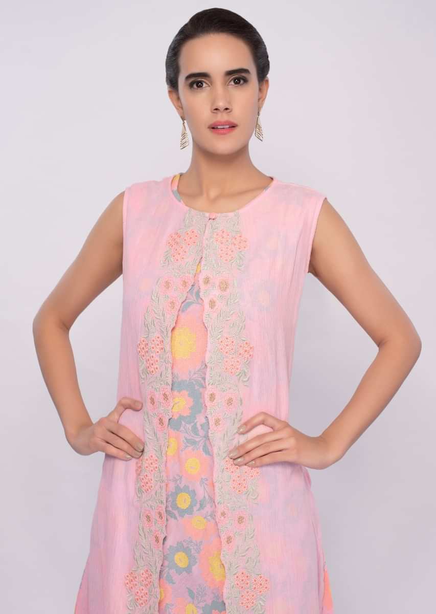 Pink Tunic Dress With Multi Color Floral Print And Matching Cotton Jacket Online - Kalki Fashion