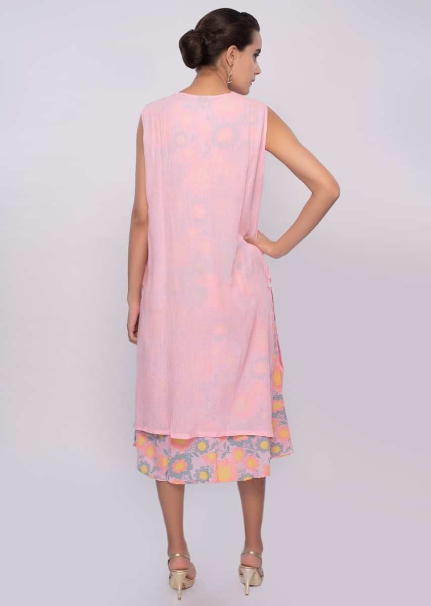 Pink Tunic Dress With Multi Color Floral Print And Matching Cotton Jacket Online - Kalki Fashion