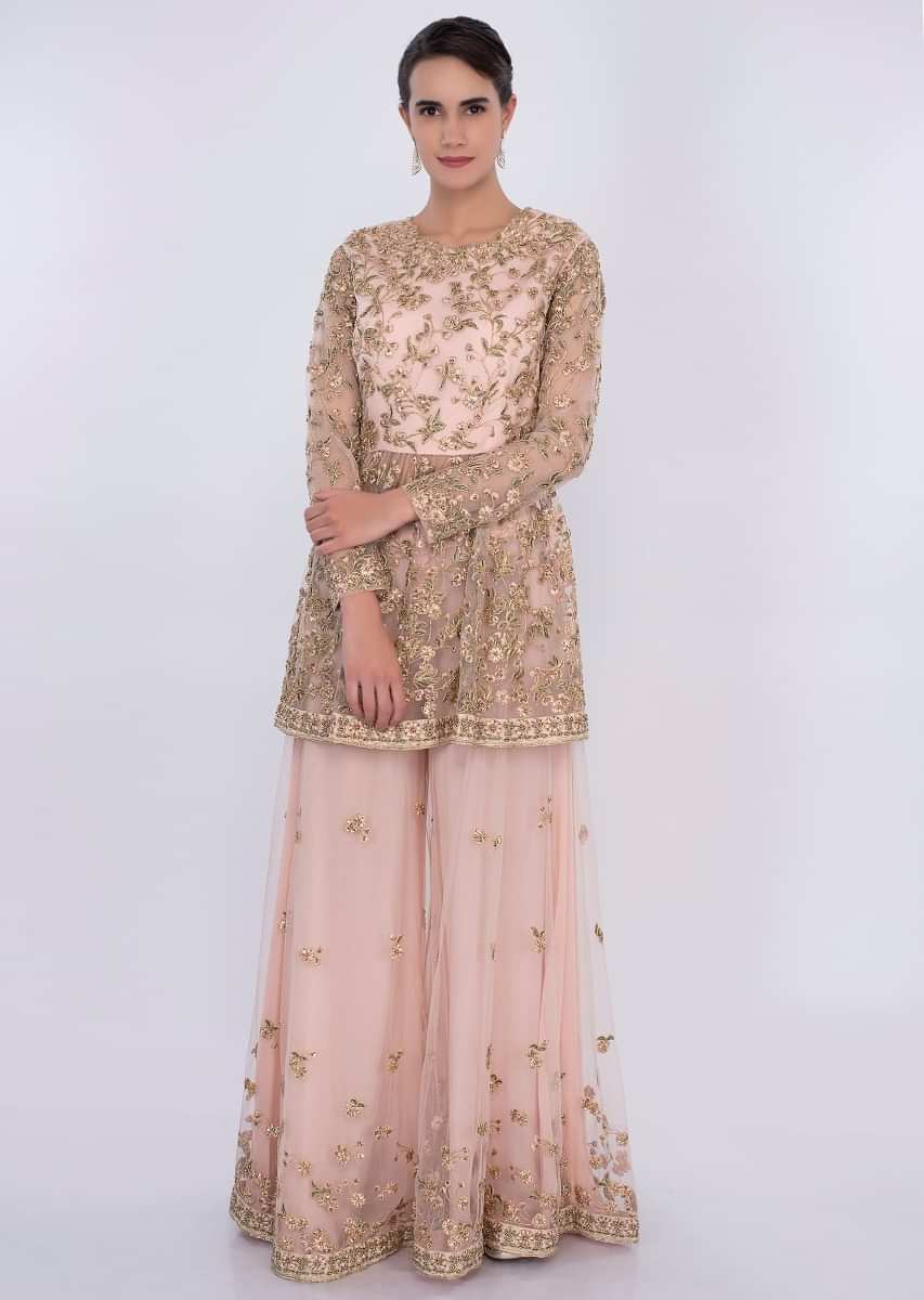 Pink net embroidered palazzo suit set  only on Kalki