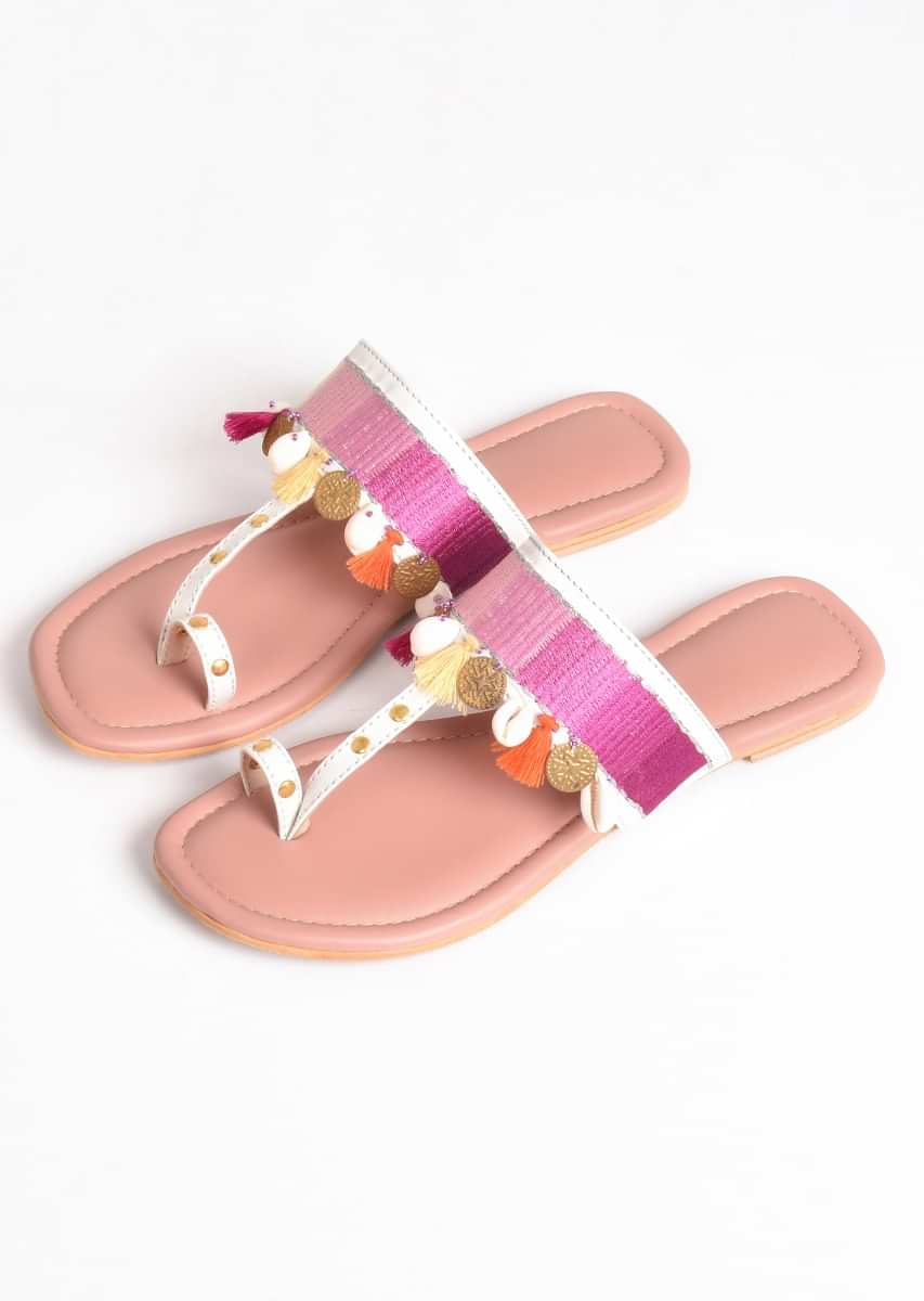 Pink Ombre Kolhapuri Flats With Conchas, Tassels And Coins By Sole House